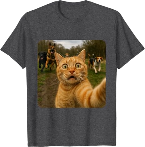 Lustiges Katzen-Selfie mit Hunden Y2k Design T-Shirt Comic Haustier Katze und Hund Grafik Outfit Humor Kätzchen Liebhaber Neuheit Geschenke Baumwoll Oberteile