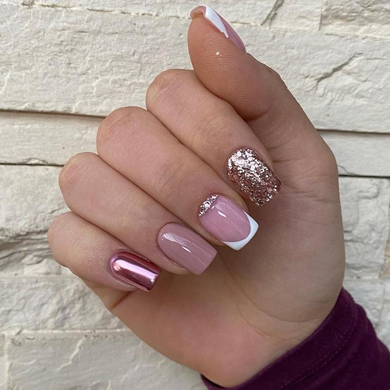 24Pcs Short Square Press On Nails White Rhinestone Flower French Tip Full Cover Reusable Fake Nail Tips