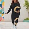 Damen Übergröße Rundhals Langarm Schwarz Gold Bedruckt Oberteil Eng Anliegende Hose Zweiteiliges Set
