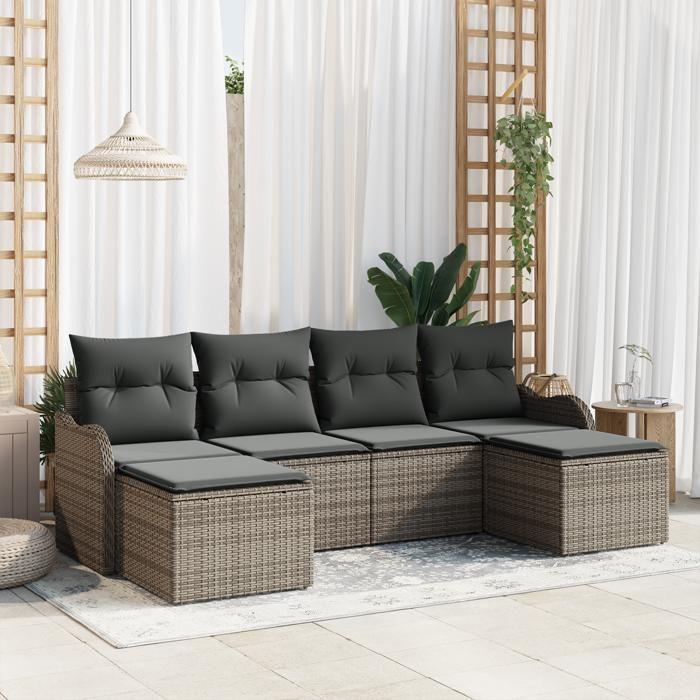 Ensemble de Canapé de Jardin 6 Pièces avec Coussins en Rattan Gris Poly, Canapé de Jardin 2 Places avec Coussins en Rattan 3345809
