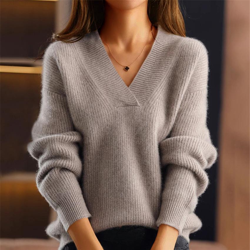 Women's Autumn and Winter V-neck Solid Colour Knitwear Tops Multicoloured Bottoming Shirt Pullover Sweater