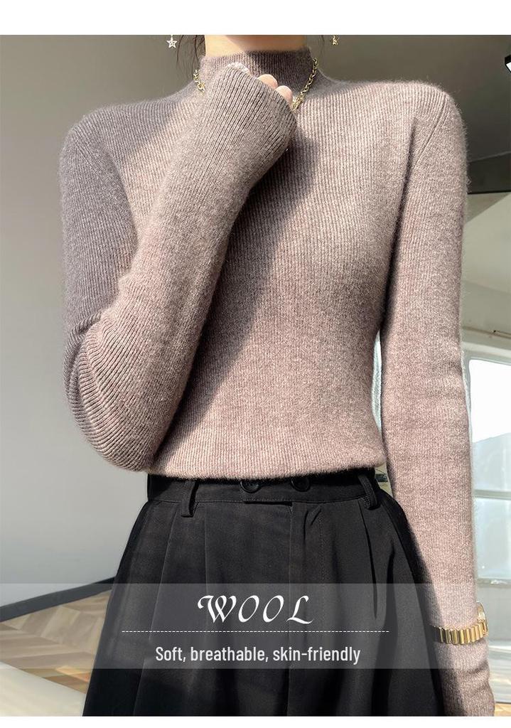 Women's Slim Fit Solid Color Knit Pullover Sweater – Autumn/Winter Long Sleeve Half-High Neck Base Layer
