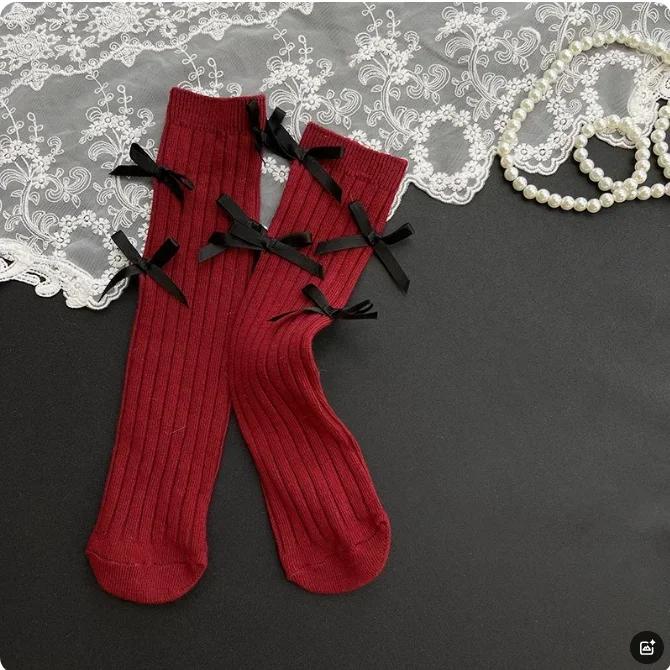 2 Pairs Girls Cotton Tube Socks With Cute Bow Vertical Striped Baby Stockings For Spring Autumn Winter New Arrival