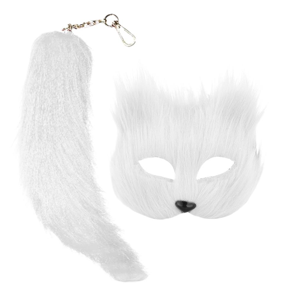 Maska i ogon Therian Zestaw Halloween Cosplays Kostium Akcesoria Kot Maska Ogon Pół Twarzy Sztuczne Futra Lisy Ogon Kot Maska