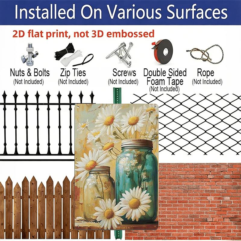 2D Flat Rustic Vintage Daisy Flowers Metal Tin Sign in Mason Jar, 8x12 Inches – Farmhouse Wall Art for Kitchen, Pantry, Living Room, Perfect for