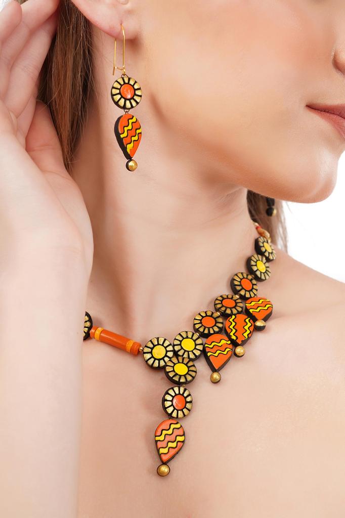 Handmade Terracotta Jewelry Set: Dangle Necklace & Earrings