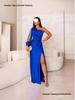 New Women's One-Shoulder Raglan Sleeve Pleated Waist Slit Sexy Long Dress