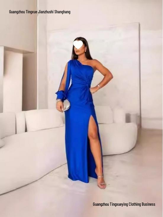 New Women's One-Shoulder Raglan Sleeve Pleated Waist Slit Sexy Long Dress