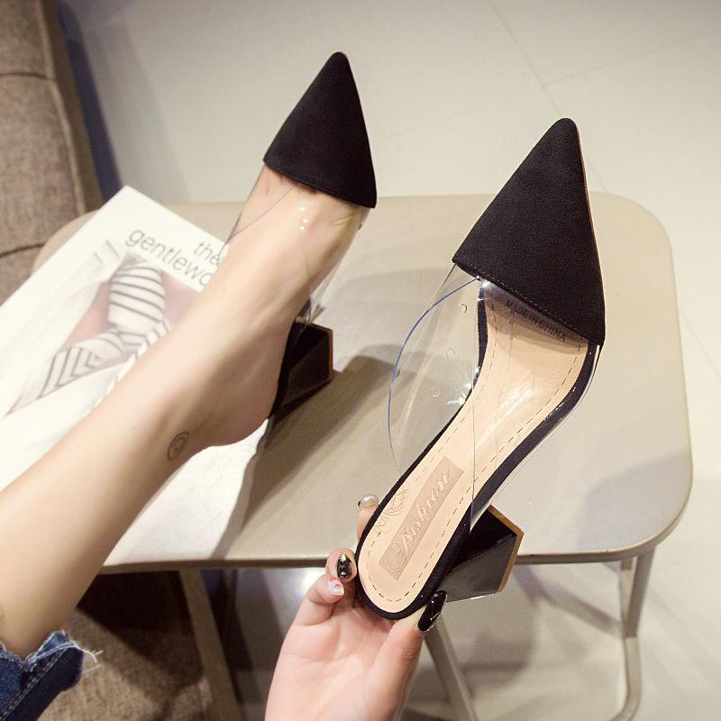 Sandalias de verano con tacón alto de 7 cm, zapatos de PVC macizo para mujer, sandalias de ante para exteriores. Zapatos Mujer Pointed Sandalias Mujer Verano