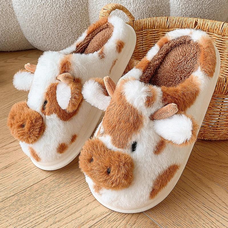 Fashion Dairy Cattlel Designer Slippers Fluffy Woman Indoors Cotton Slippers Keep Warm Home Platform Footwear Men's Slippers