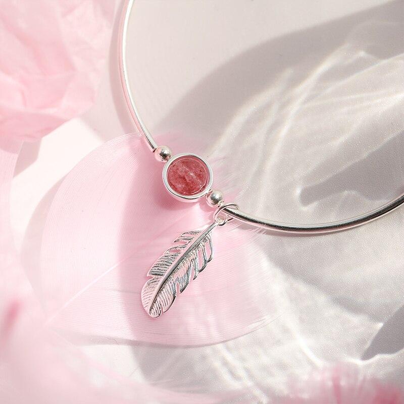 925 Sterling Silver Strawberry Crystal Bead Bangle Bracelet  Sweet Feather Pendant Bracelet Women Jewelry S-B374