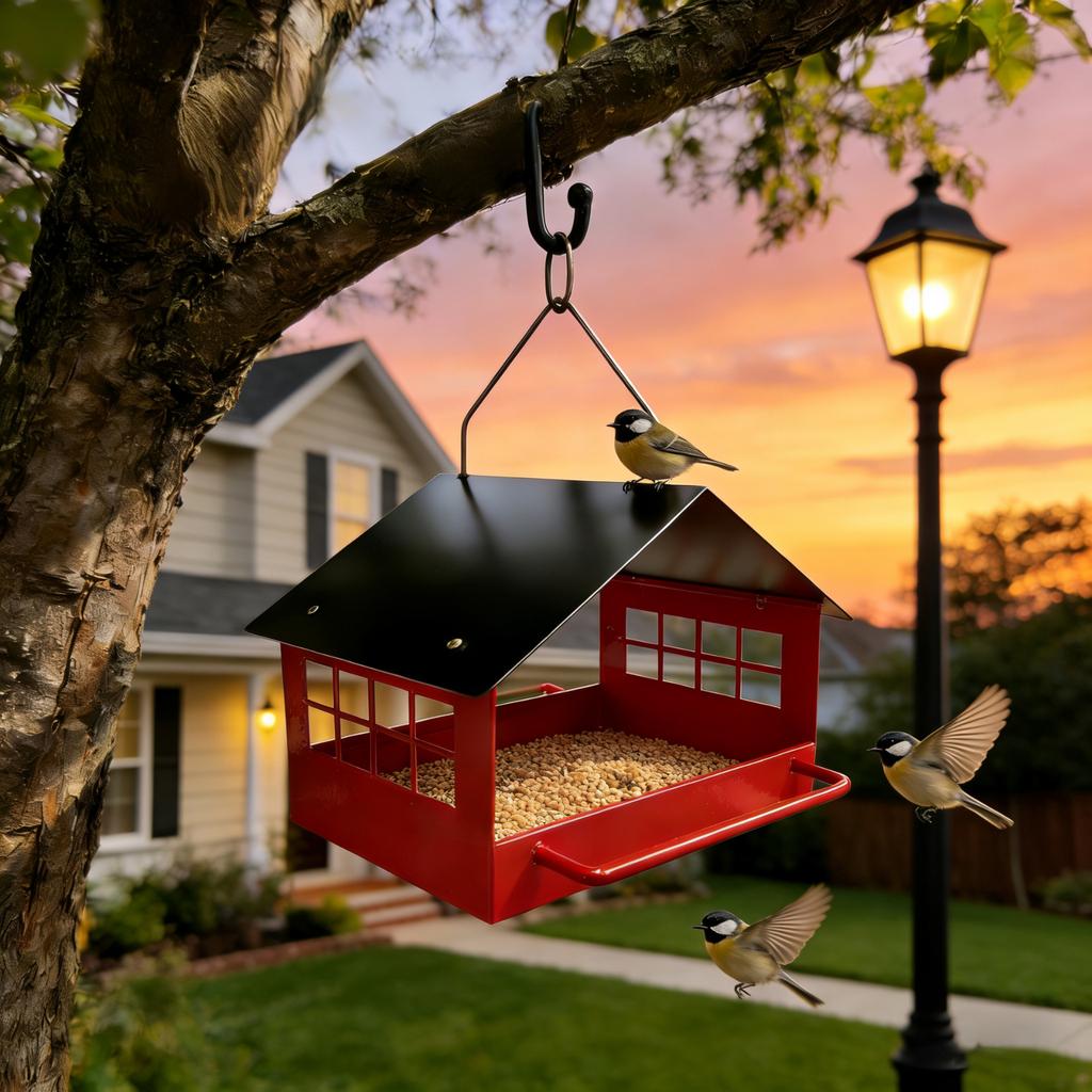Outdoor Hanging Bird Feeder Metal Iron Construction with Roof Mesh Base for Balcony Garden Patio Use Durable Weather Resistant