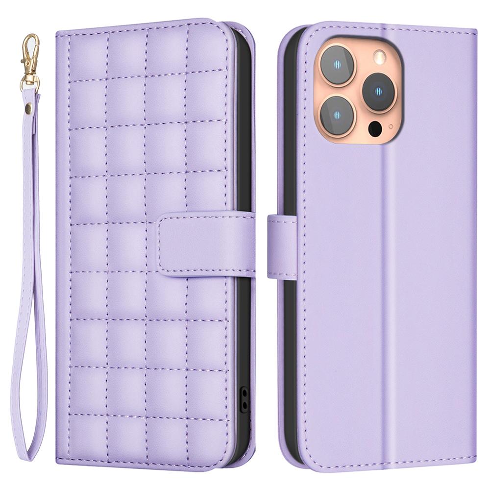 

For iPhone 15 Pro Max Case Square Grid Leather Cover 3 Card Slots Light Purple