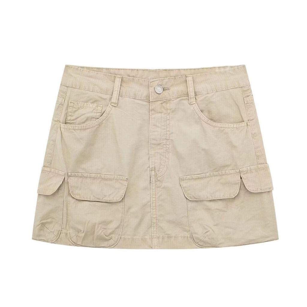 European & American Workwear Multi-Pocket Mini Skirt - Solid Color Casual Street Style Skirt