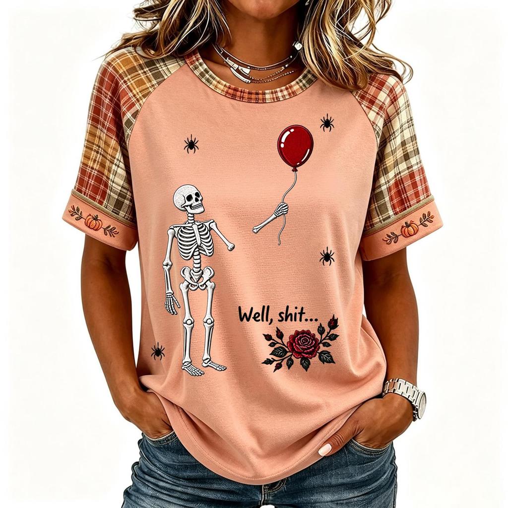 Women's Halloween Short Sleeve T-Shirt Neck Raglan Print Top