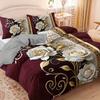 3pcs Elegant Burgundy & Golden Rose Floral Bedding Set - Luxury Soft Brushed Texture Duvet Cover with 2 Pillowcases, All-Season