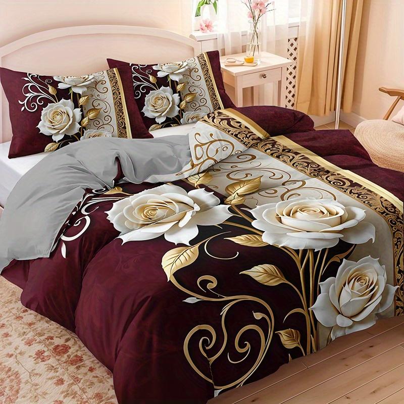 3pcs Elegant Burgundy & Golden Rose Floral Bedding Set - Luxury Soft Brushed Texture Duvet Cover with 2 Pillowcases, All-Season
