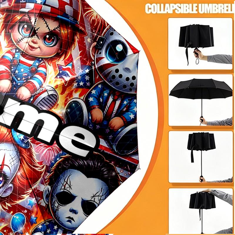 Custom Name Personalized horror movie Print Umbrella, Auto Open Close, 8‑Rib Sturdy Frame, Commute Camping Hiking Use, Birthday Gift