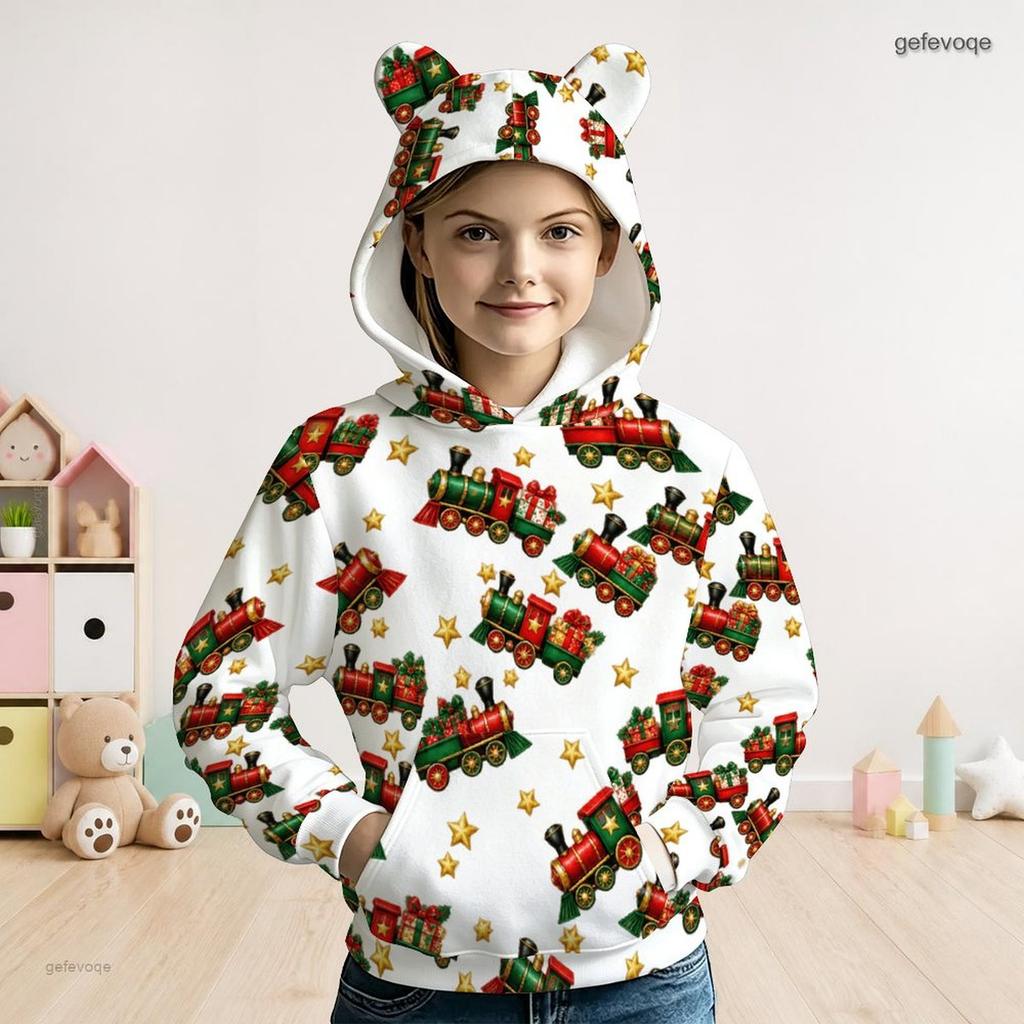 Girls Long Sleeve White Christmas Printed Bear Ear Hooded Varsity Jacket