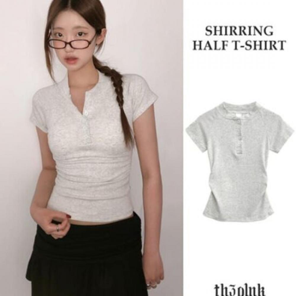 The Pink Slim FiT Side Shirring Henley Neck BuTTon ShorT Sleeve T shirT  3 Color