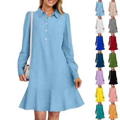 Women's Long Sleeve Button Down Shirt Dress Ruffle Flowy Casual Tunic Dresses