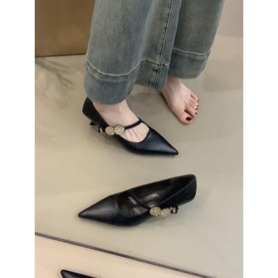 Sheepskin Version~ Pointed Temperament Metal Buckle One-word Strap High Heels Light Mouth Low Heel French Black Single Shoes Women