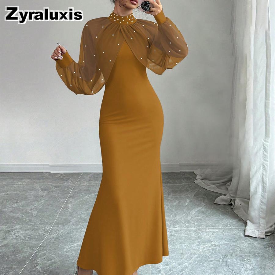 Women's Elegant Stand Collar Mesh Lace Crushed Diamond Long Sleeve Ruched Waist Tailored Evening Gown Dress