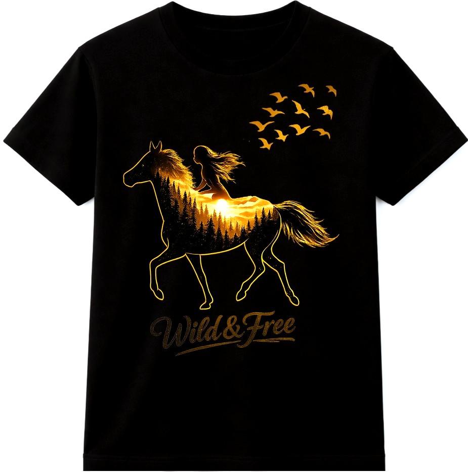 Horse T Shirt Wild Free Sunset Forest Graphic Tee Equestrian Nature Top S разноцветный