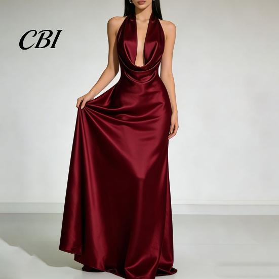 Alltagskleid Damen Sexy Rückenfreies Maxikleid, Tiefes V-Ausschnitt Ärmellos Bequemes Neckholder Satin Lang Formelles Abendparty Meerjungfrauen-Kleid Einfarbig