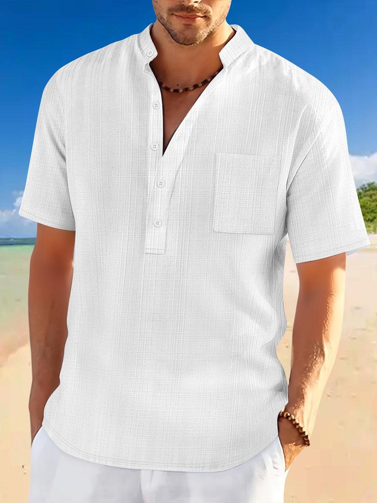 2025 Spring/Summer Men's Stand-Up Collar Short-Sleeve Henley Shirt - Loose Casual Vacation Style