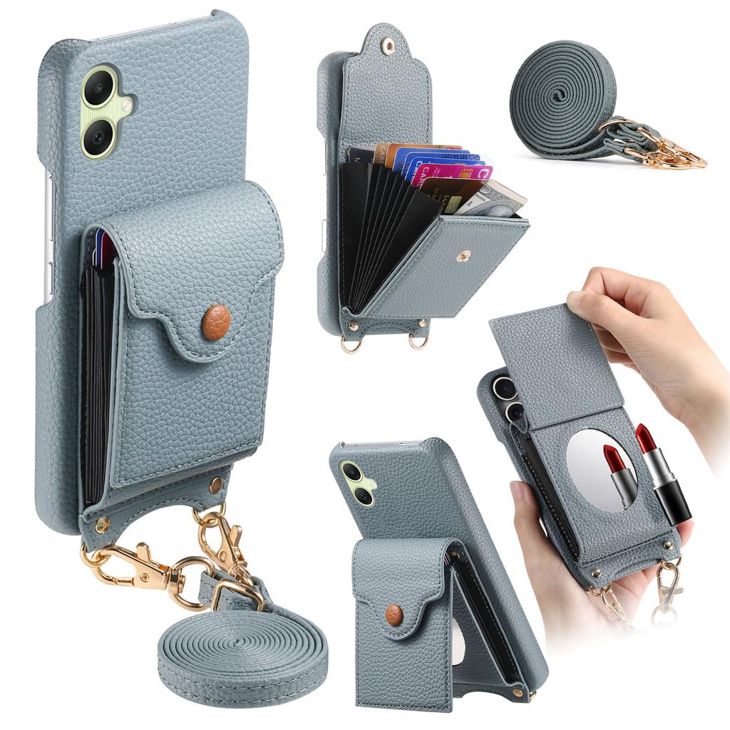 For Samsung Galaxy A06 5G/Galaxy A06 4G Case Mirror Card Holder Litchi Texture Leather Phone Back Cover with Long Strap