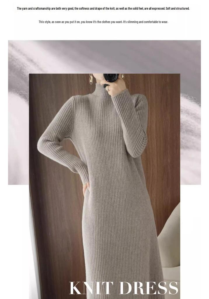 Women's Mid-Length Woolen Sweater Dress - Half-High Neck, Warm Knit Base Layer for Autumn & Winter