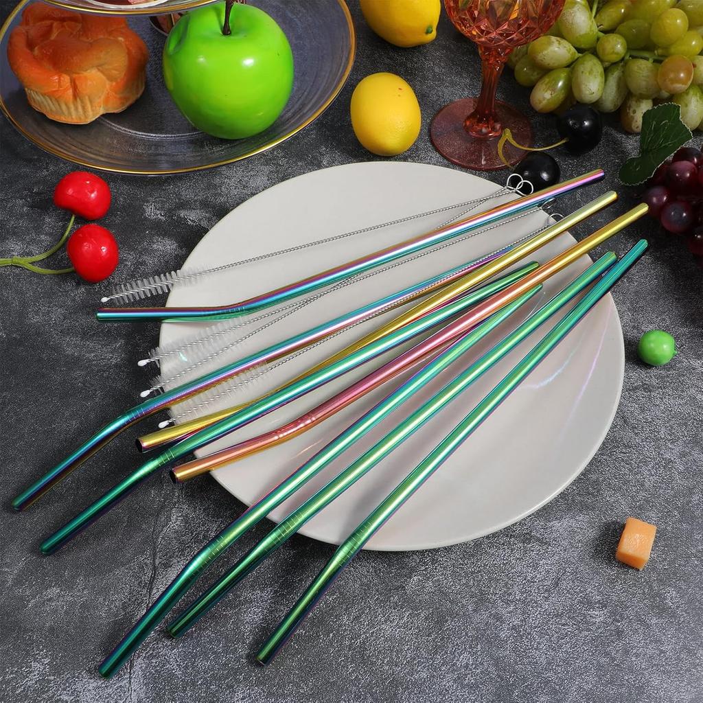 8 Pcs Stainless Steel Straws 12 inch Long Reble Colorful Metal Bent Straw with 4 Pieces Cleaning Brush for 100oz Drinking Reble Tumblers Accessories
