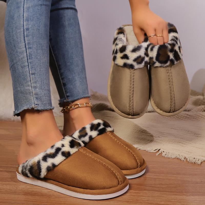 Fashion Leopard Suede Spliced Cotton Slippers Winter New Round Toe Deep Mouth Anti-slip Wear-resistant Soft Sole Flats