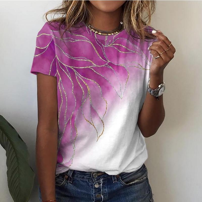 Women's T Shirt Basic Marble Print Short Sleeve Regular Tops Round Neck Casual Weekend Red Blue Purple Green