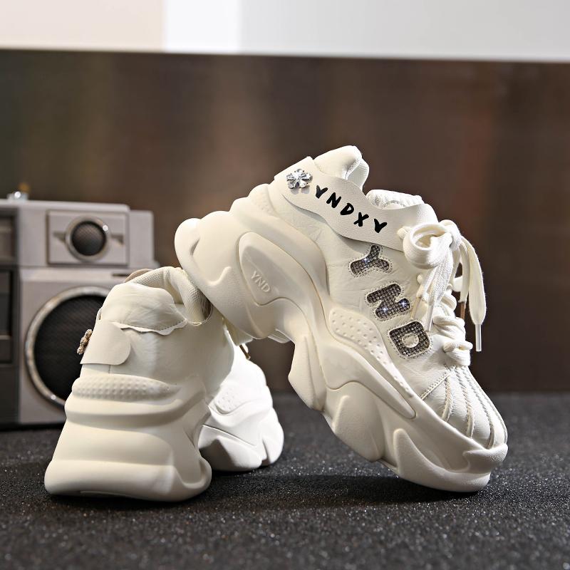 Fashion 8CM Microfiber Leather Bling Sneakers New 2025 Autumn Thick Soled Sports Dad Shoes Diamond Breathable Casual Chunky Shoes