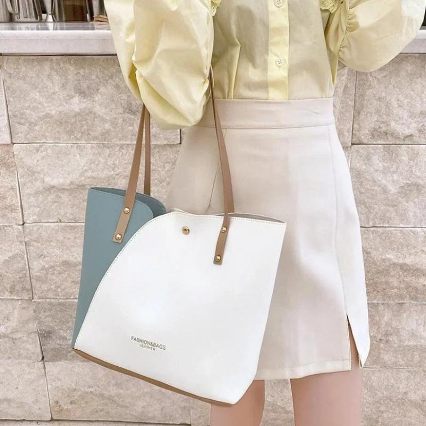 Women Pu Leather Ladies Purses and Shopping Bag Casual Large Capacity Patchwork Bag Hot Stamped Contrast Color Shoulder Bags