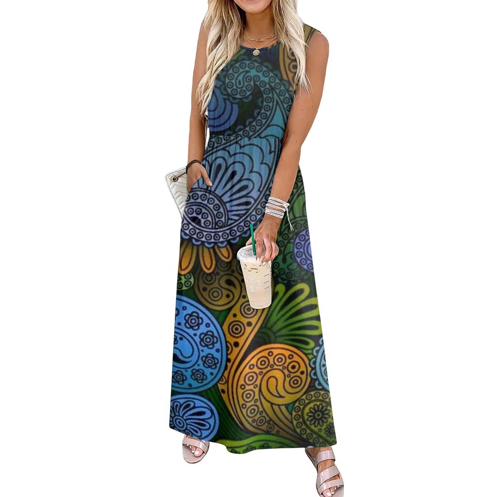 Ladies' Floral Print Casual And Fashionable Waist Cinched Sleeveless Dress