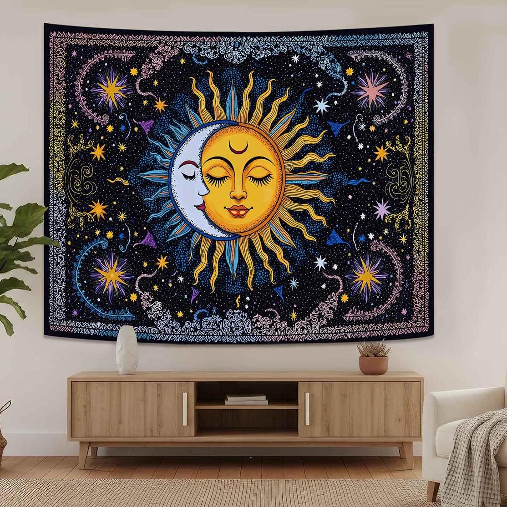 Boho Sun and Moon Tapestry, Colorful Celestial Starry Sky Mandala Print Wall Hanging for Bedroom Living Room Dorm Decor