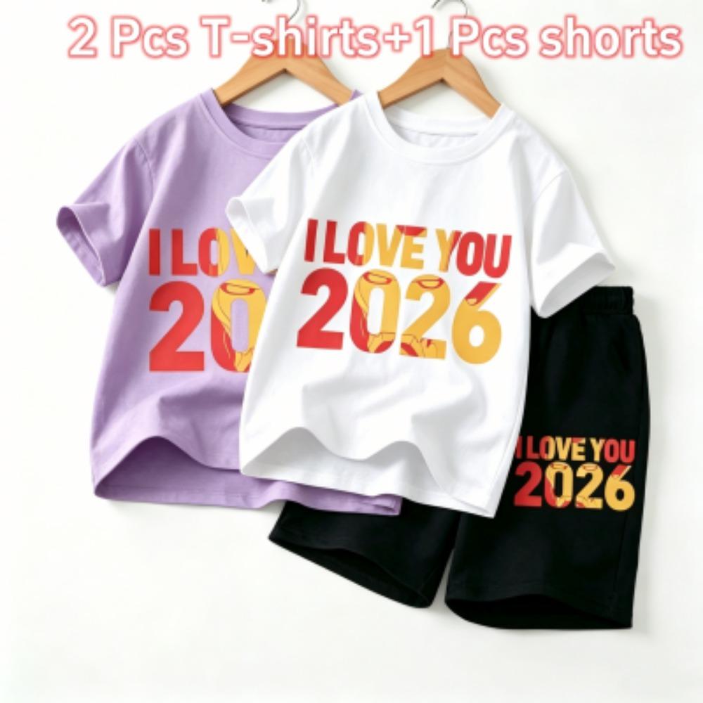 Fashion Letters I Love You 2026 Print Outdoor Street Kids T-shirt and Shorts Summer Home Casual Outfit Boy and Girl's Sports Set
