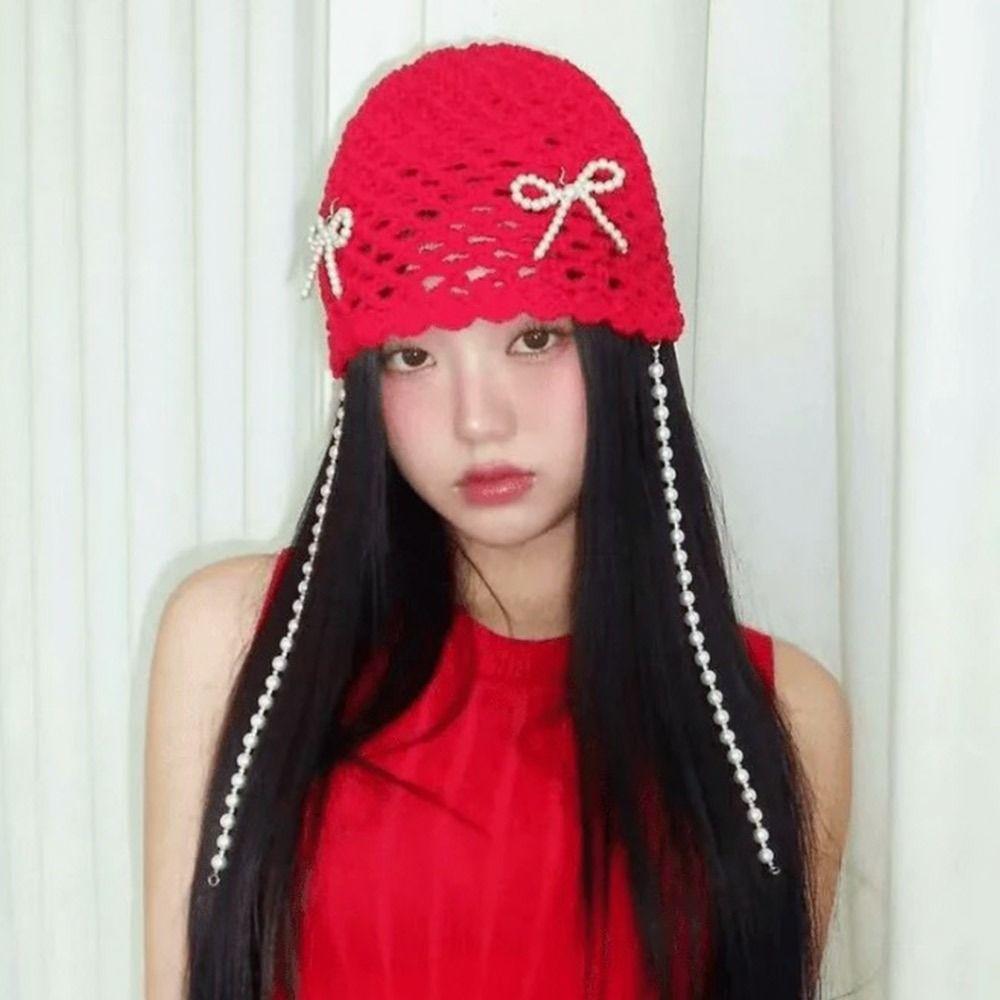 

Вязаная шапка с вырезами, шапка-бини с бантом, дышащий берет для женщин красный