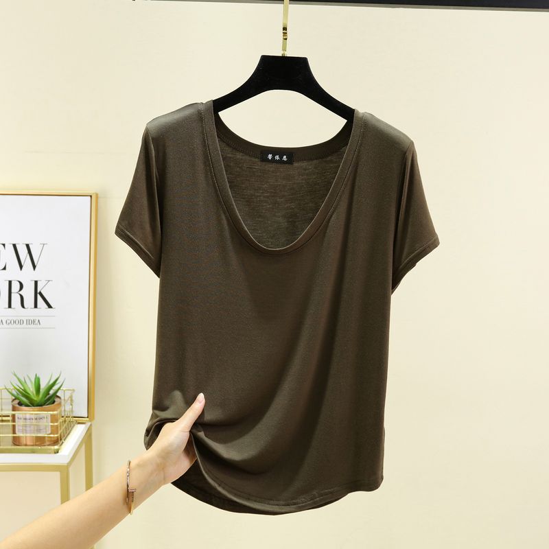 

Модальные топы с большим U-образным вырезом, женская летняя мода, универсальная футболка с коротким рукавом, повседневная, больших размеров, однотонная тонкая базовая рубашка Coffee Green XL (62.50 kg-70.00 kg recommended