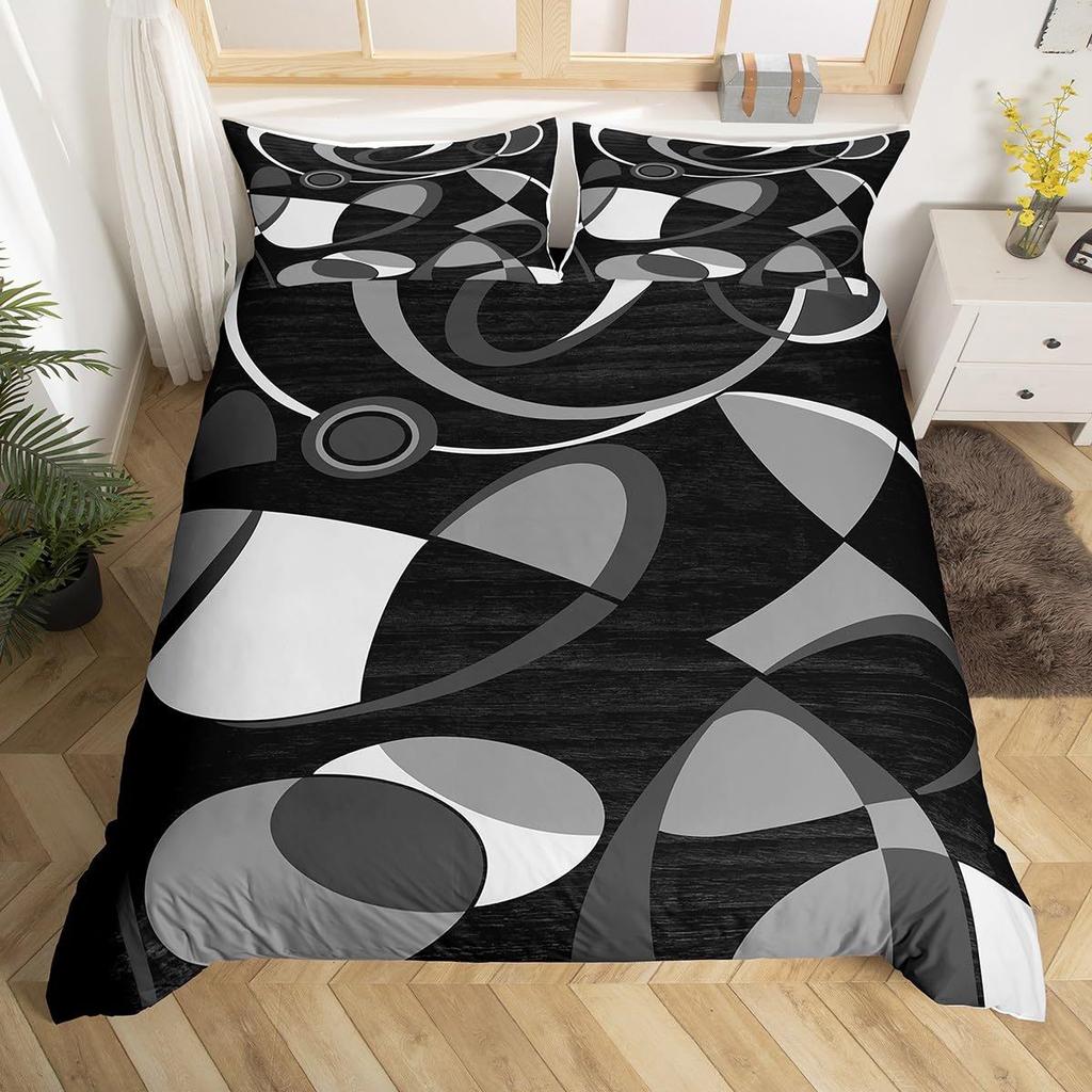 Round Geometric Bedding Set Green Gray Black Abstract Art Bedspread Comfortable Three-Piece Set