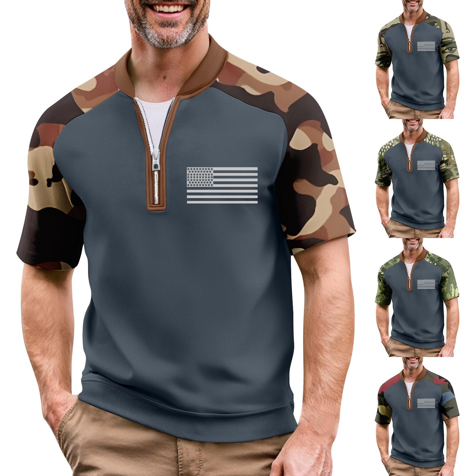 

Men s Summer Camouflage Raglan Sleeve Casual T-Shirt Sports Flag Printed Zipper Neck Top M зелений