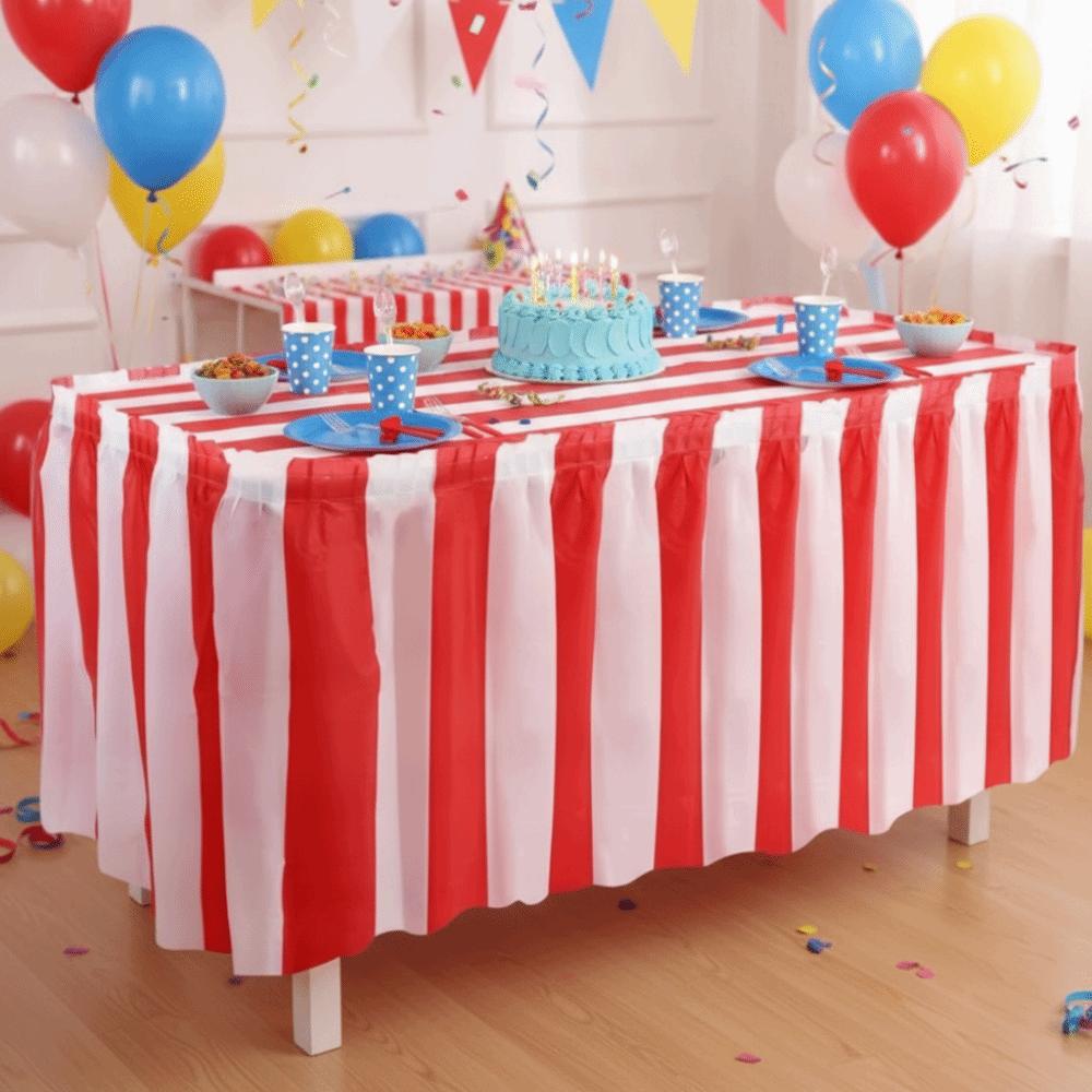 Elastic Red and White Striped Table Skirt Set Waterproof Table Cover Carnival Party