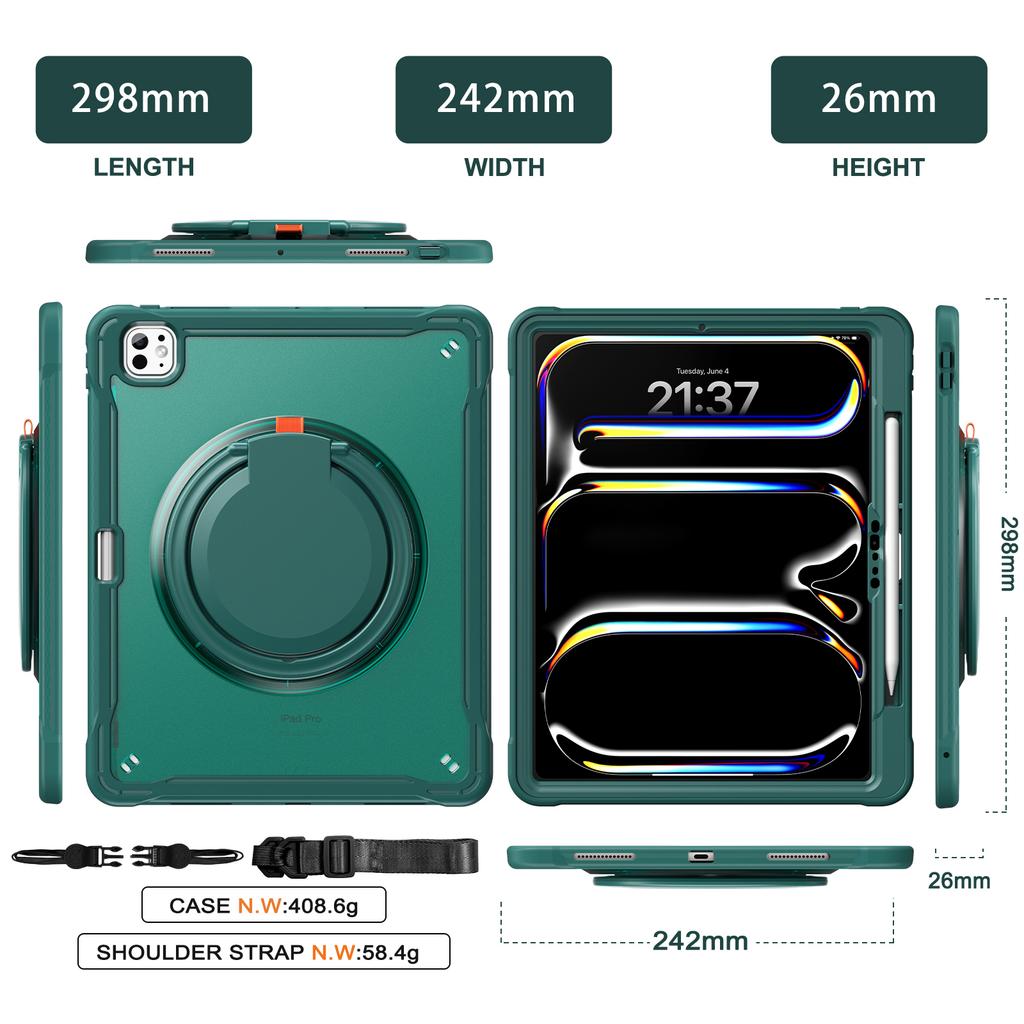 Pro iPad Pro 13 (2024) Pouzdro s otočným stojánkem PC+TPU+Silikonový kryt s ramenním popruhem