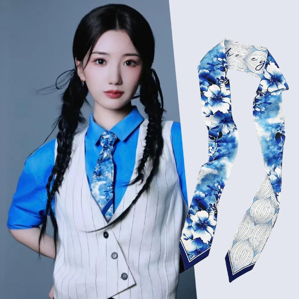 French green small long narrow silk scarf women's spring and autumn pointed corner tied bag ribbon braided hair band headgear scarf streamer belt