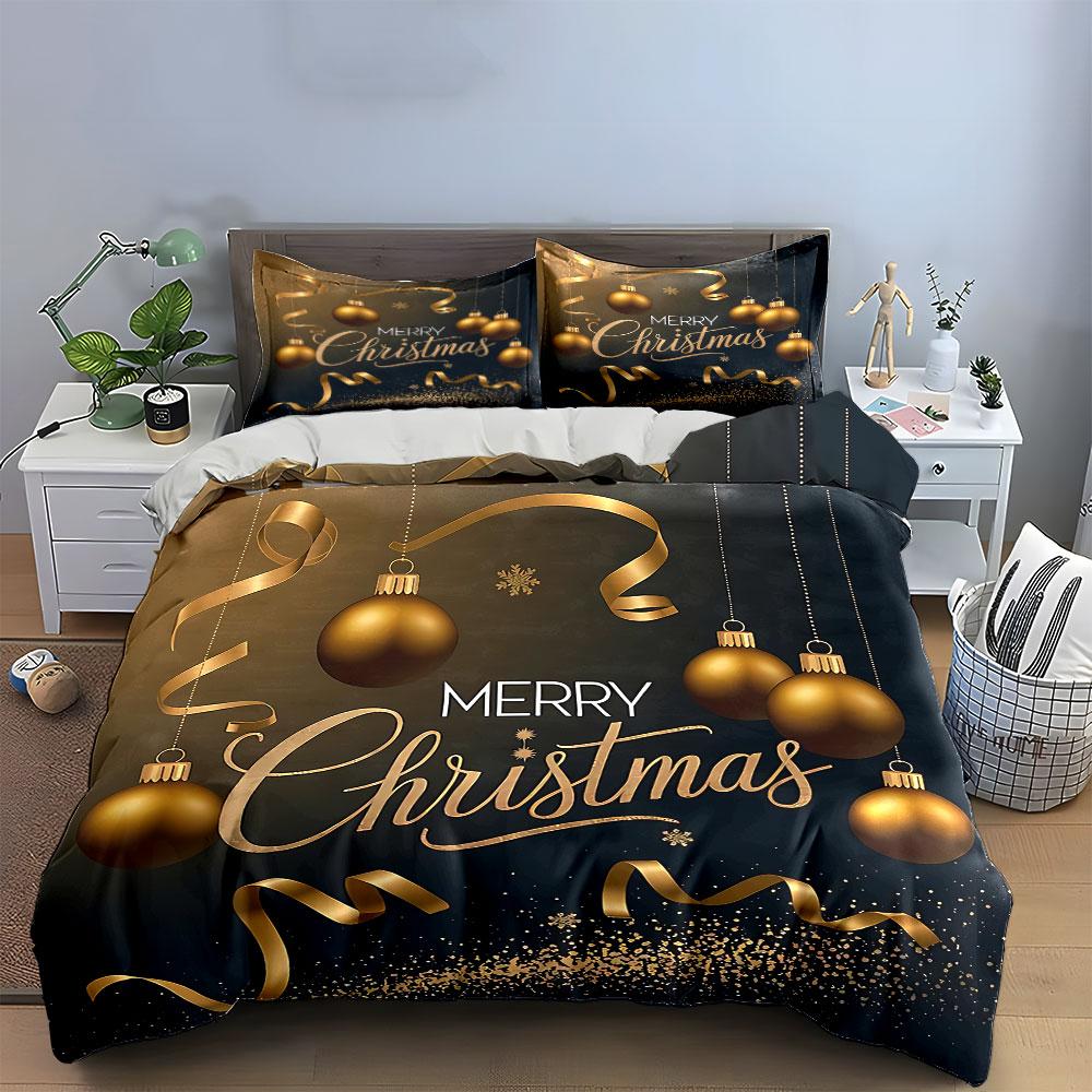 Golden Merry Christmas Decor Bedding Duvet Cover Set Duvet Cover Pillowcases  (1*Duvet Cover 2*Pillowcases, without duvet insert)