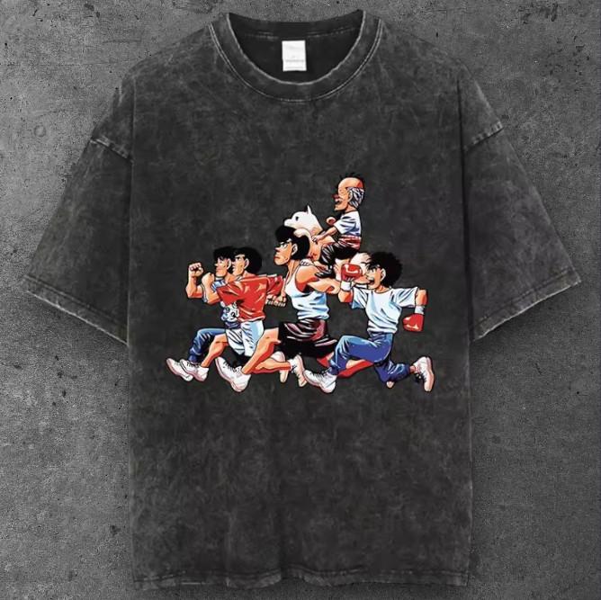 Unisex Retro Boxing Anime Graphic T Shirt Washed Black Y2K Streetwear S-2XL S