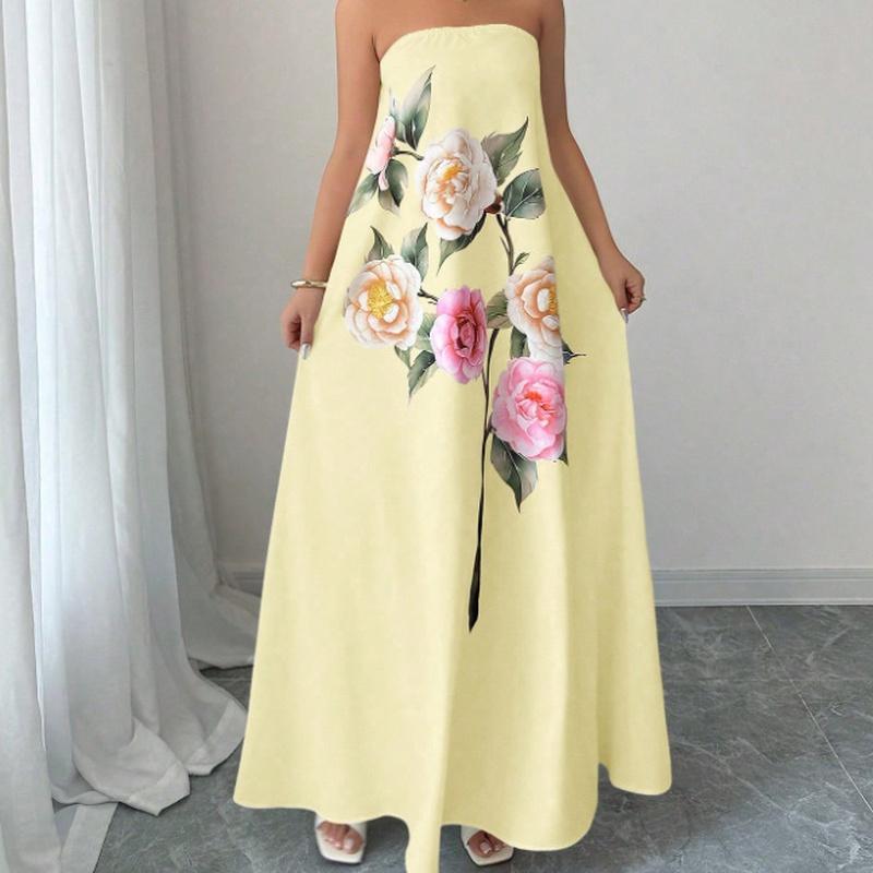 Women's Strapless Maxi Dress Floral Print High Waist A Line Elegant Evening Dress
